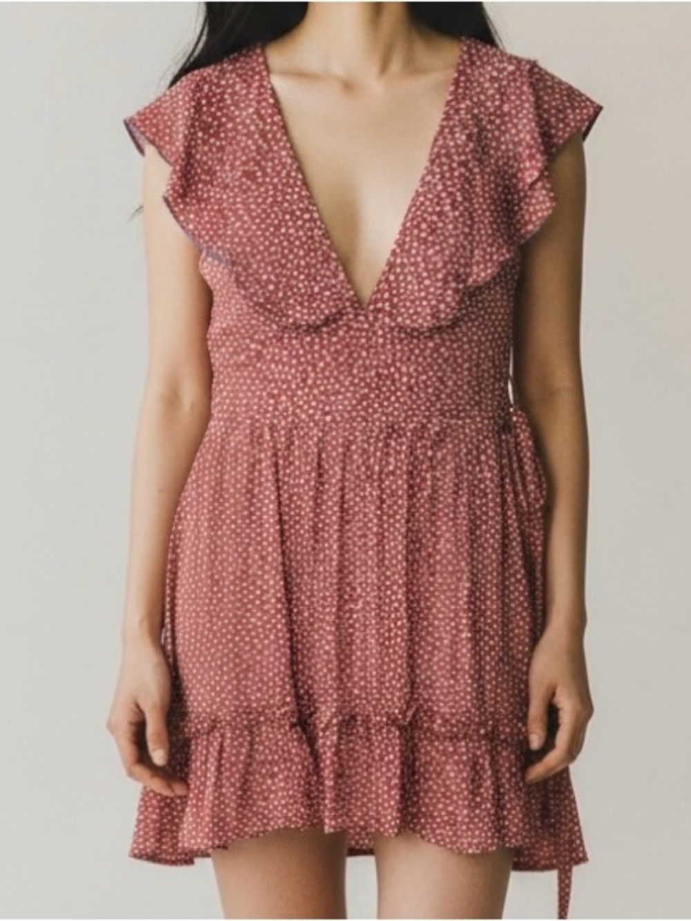 Boho Sleeveless Vneck Polka Dot Mini Dress Womens.  Brick Red. Size …
